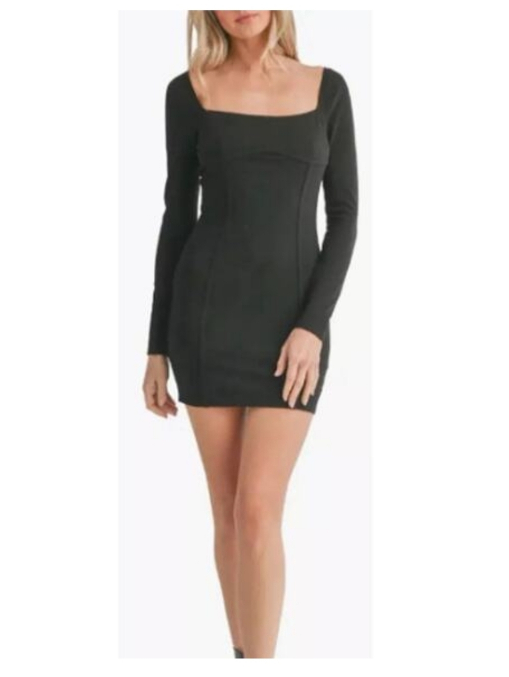 Lush Black Long-Sleeve Square-Neck Mini Dress Large